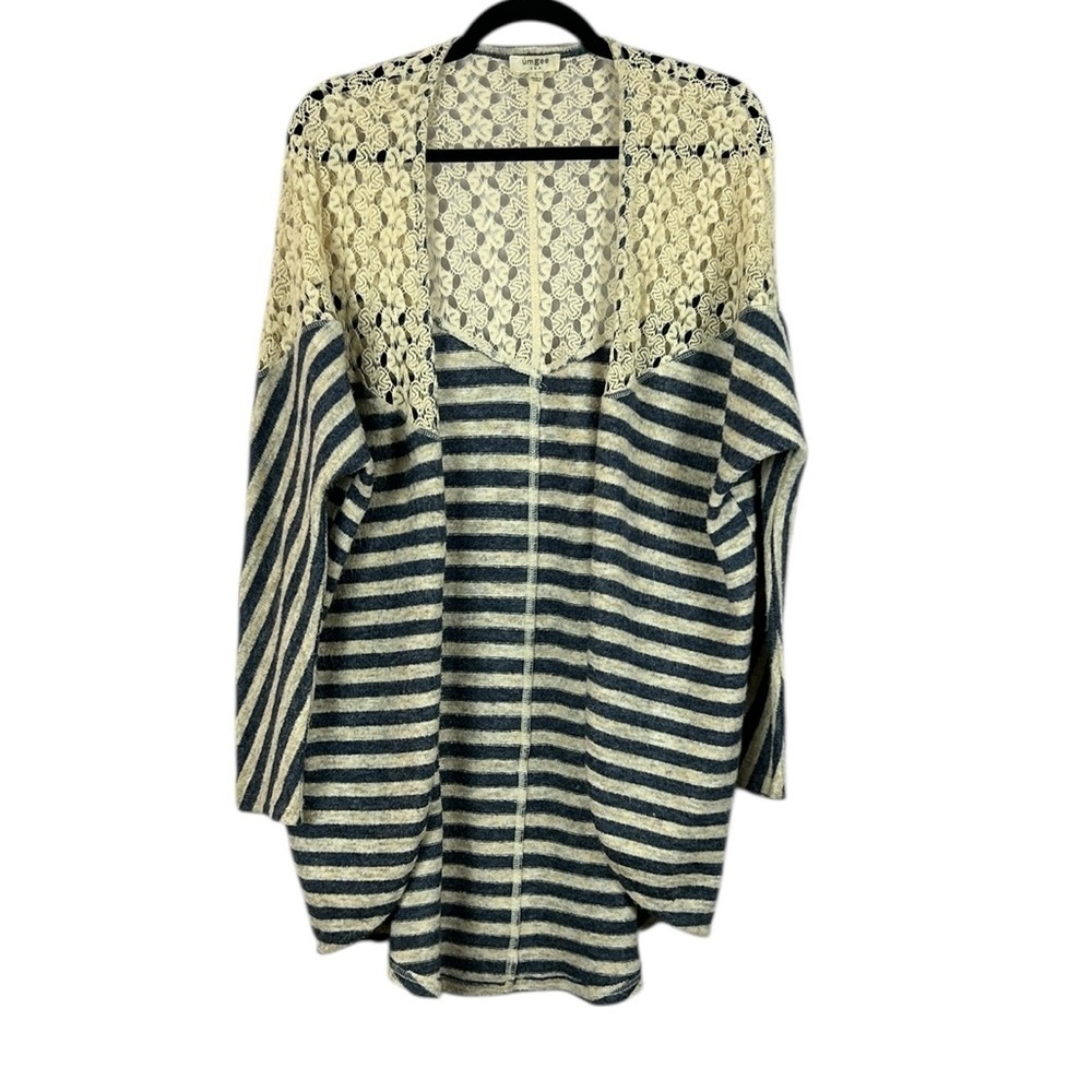 Umgee USA Lace & Striped Open Front Cardigan Boho Cream Navy Size Large
